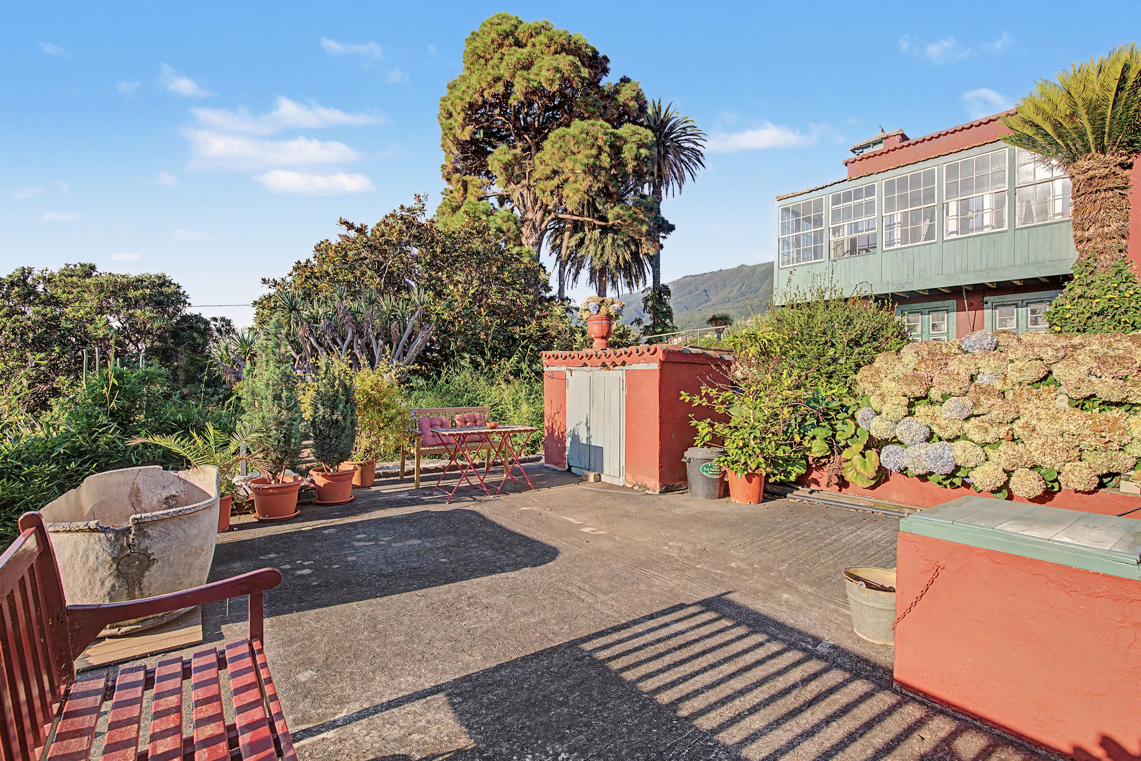 Un jardín con un banco de madera, plantas en macetas y un edificio con grandes ventanales.