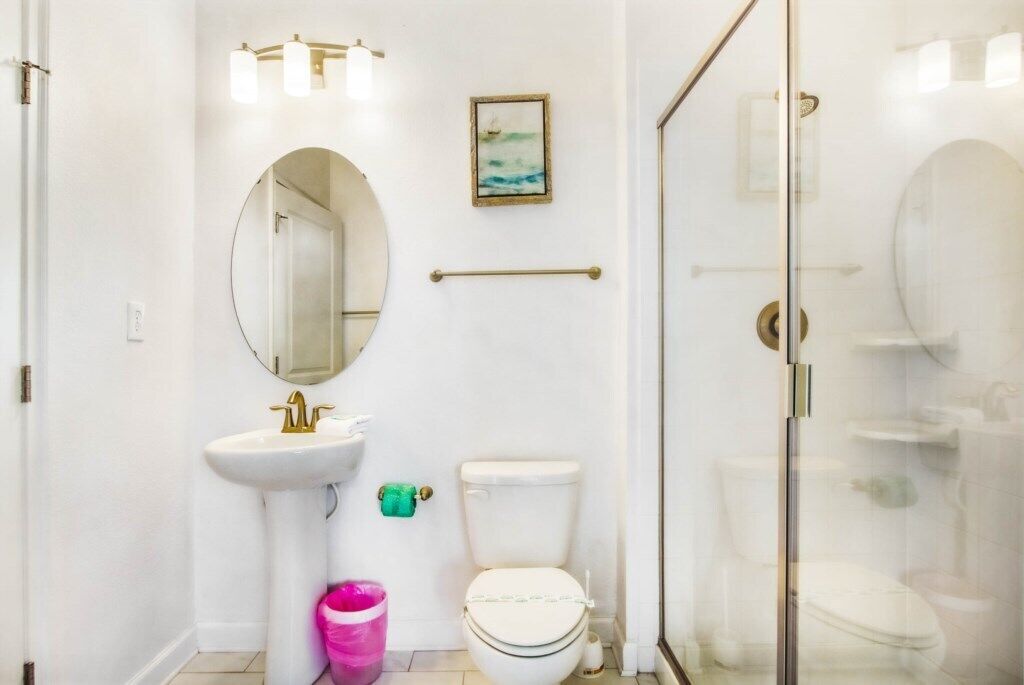 Een badkamer met een wit wastafelmeubel, toilet, douchecabine met glazen wanden en een spiegel.