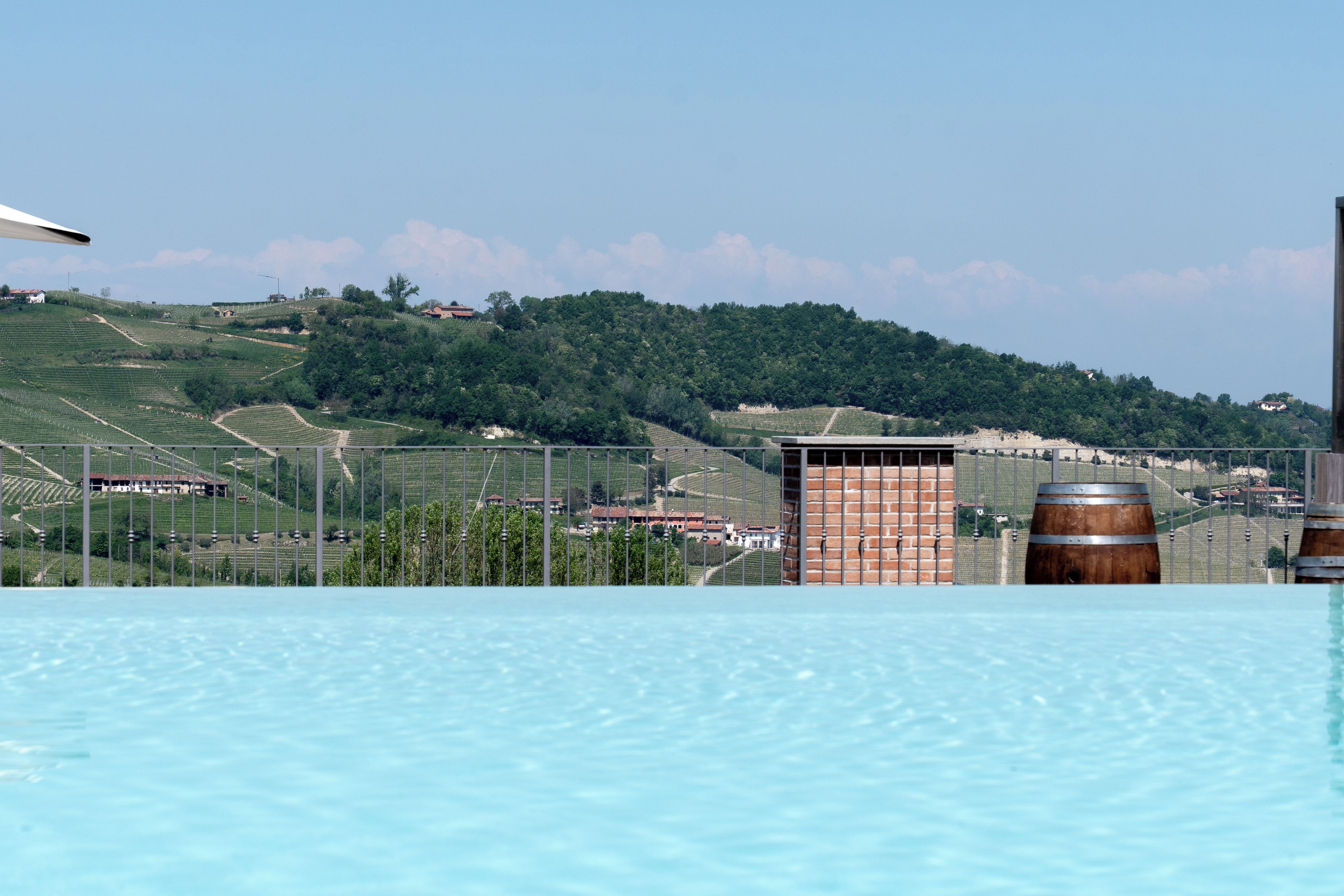 Une piscine offrant une vue sur les vignes et les bâtiments qui se dressent à l’arrière-plan.