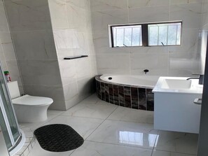 A bathroom with a toilet, a bathtub, and a shower.
