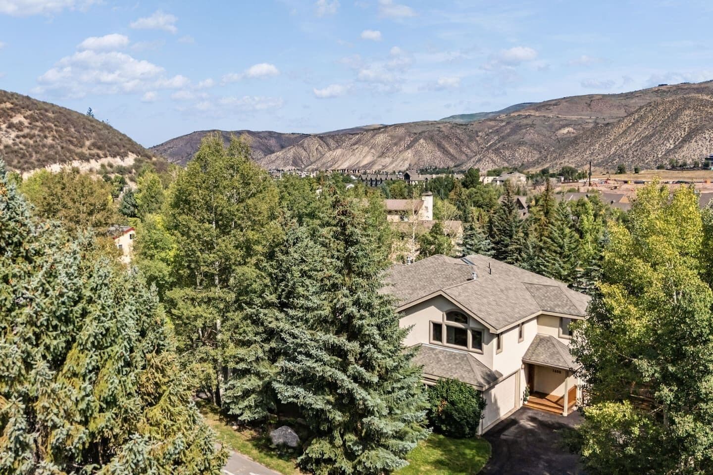 A residential area with a house surrounded by dense evergreen trees, a clear sky, and a mountainous backdrop.