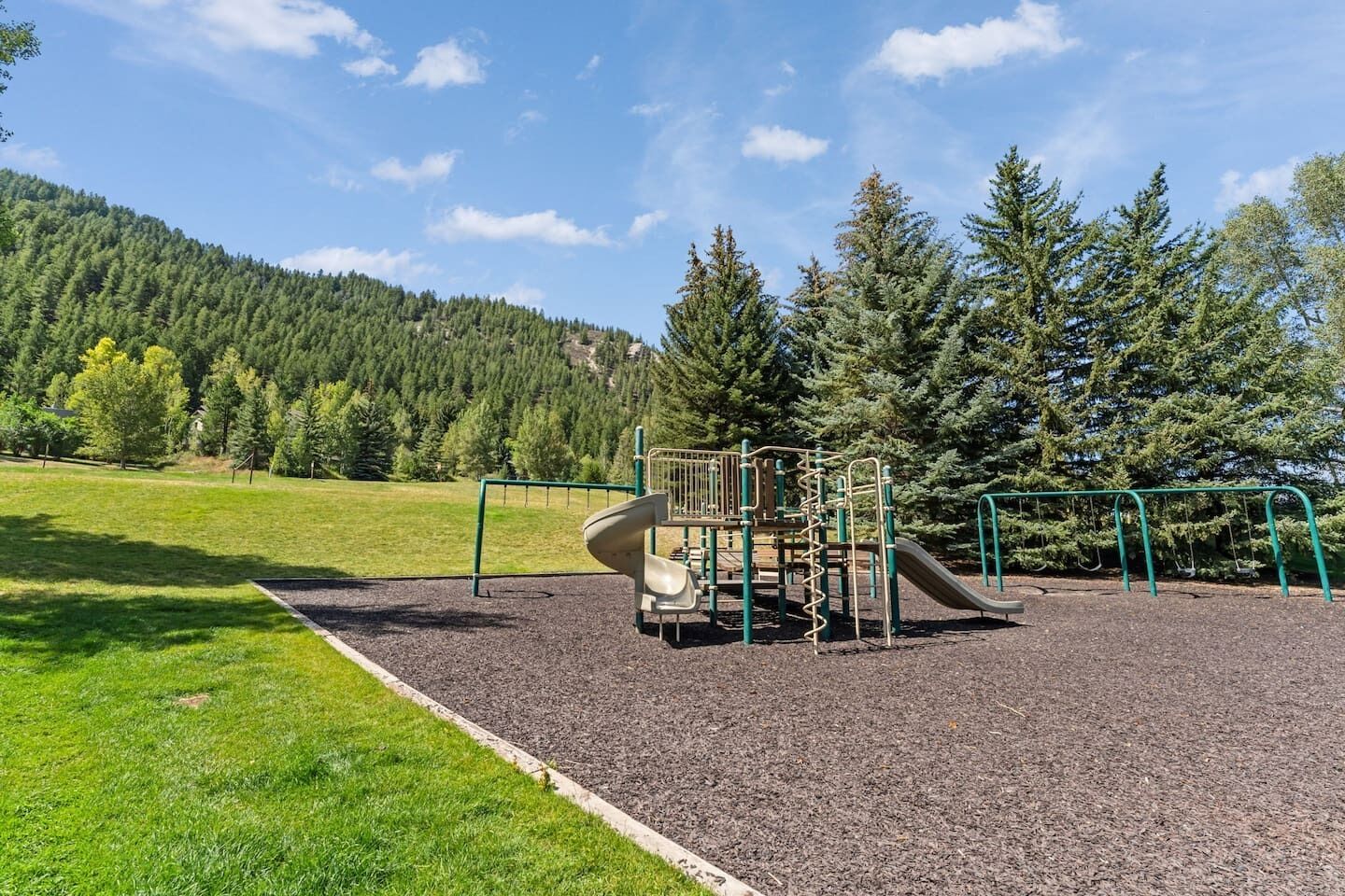 A playground with a slide and climbing structures, surrounded by grass and trees, with a mountain in the background.