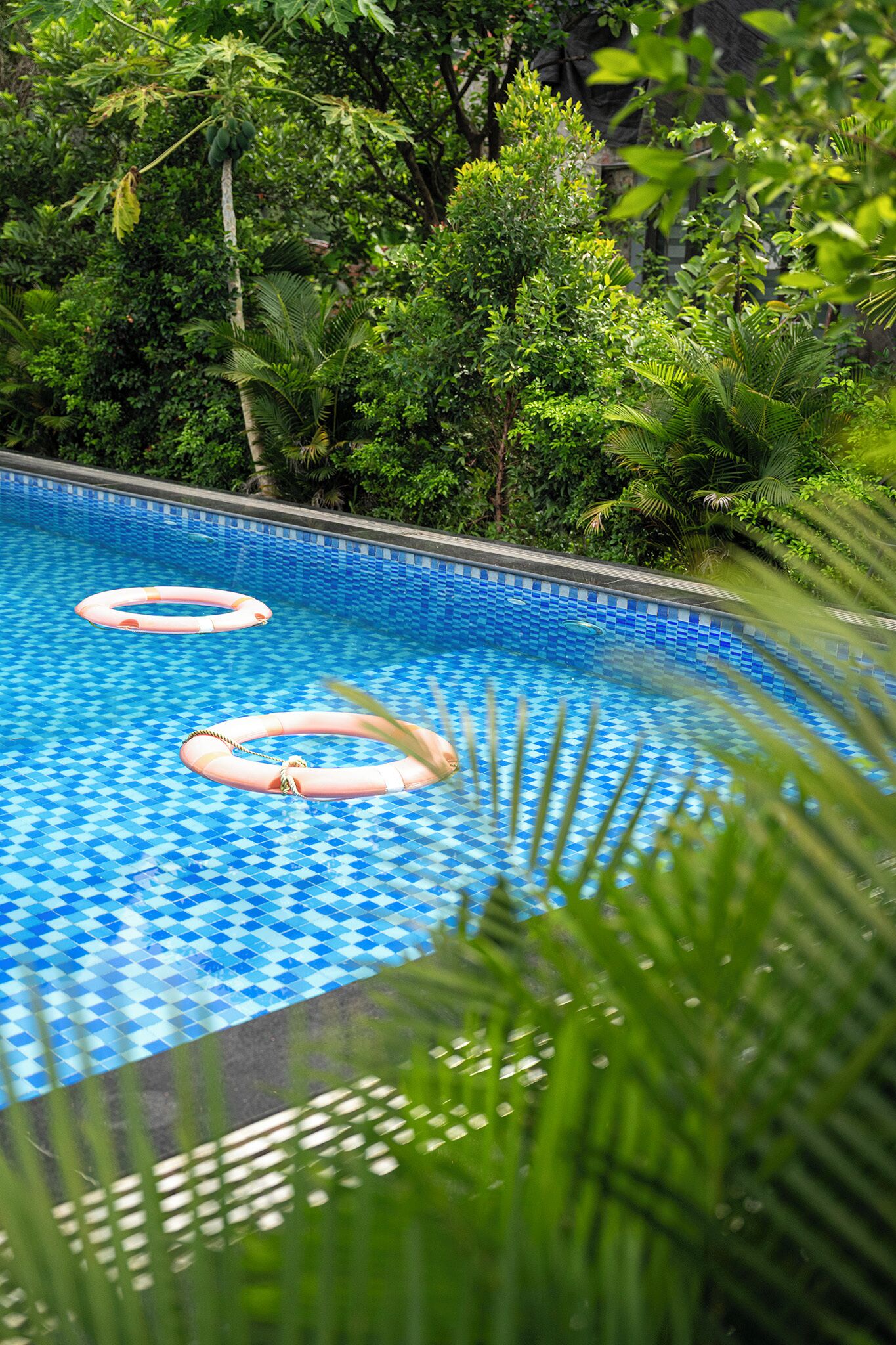 Una piscina con un diseño de mosaicos azules y dos anillos flotantes rosas.