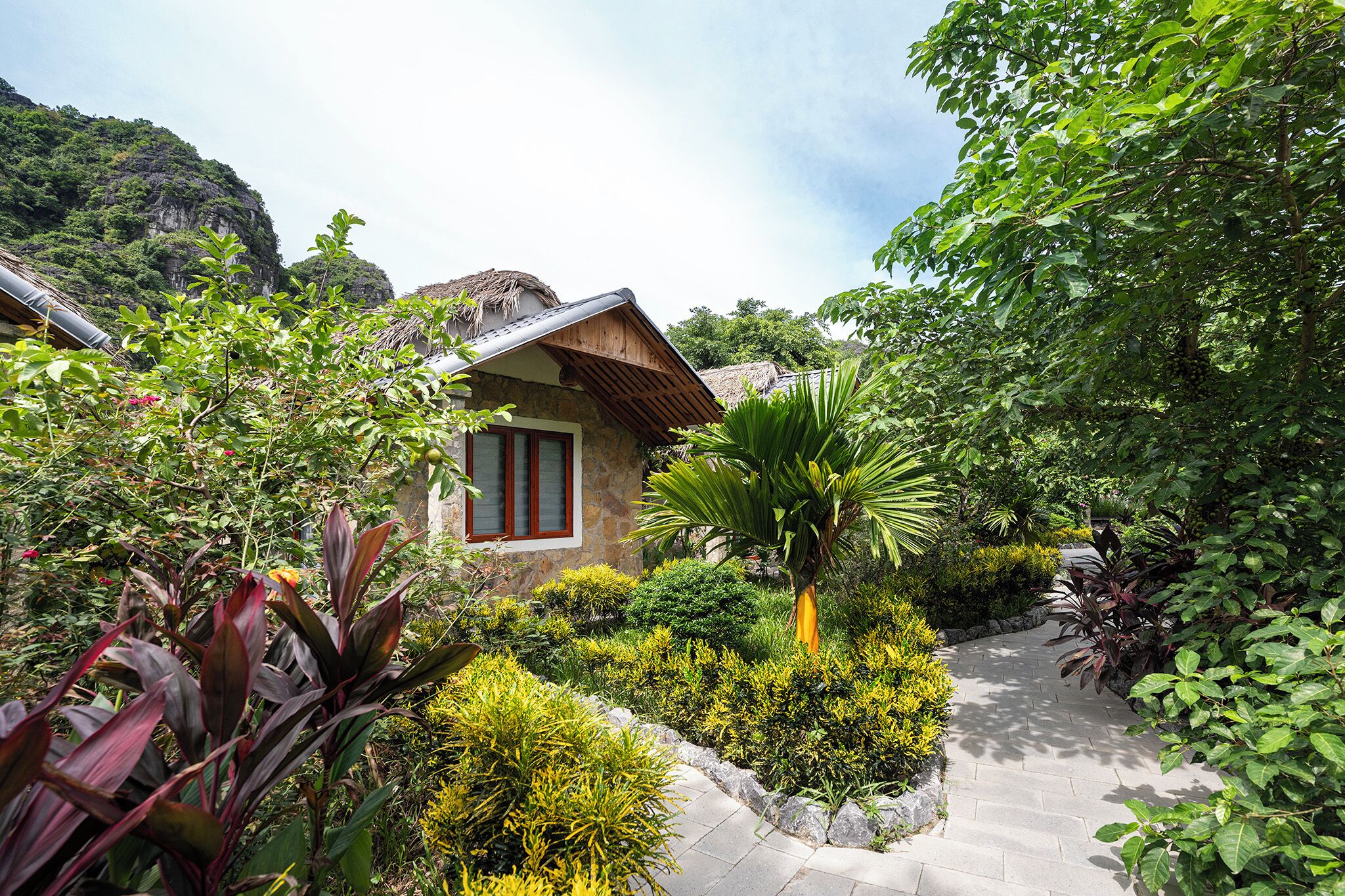 A stone building with a thatched roof, surrounded by lush greenery and a paved pathway.