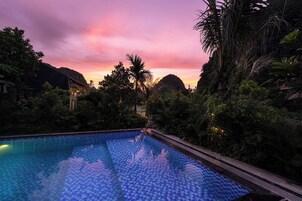 A swimming pool surrounded by lush greenery and a mountainous backdrop during twilight.