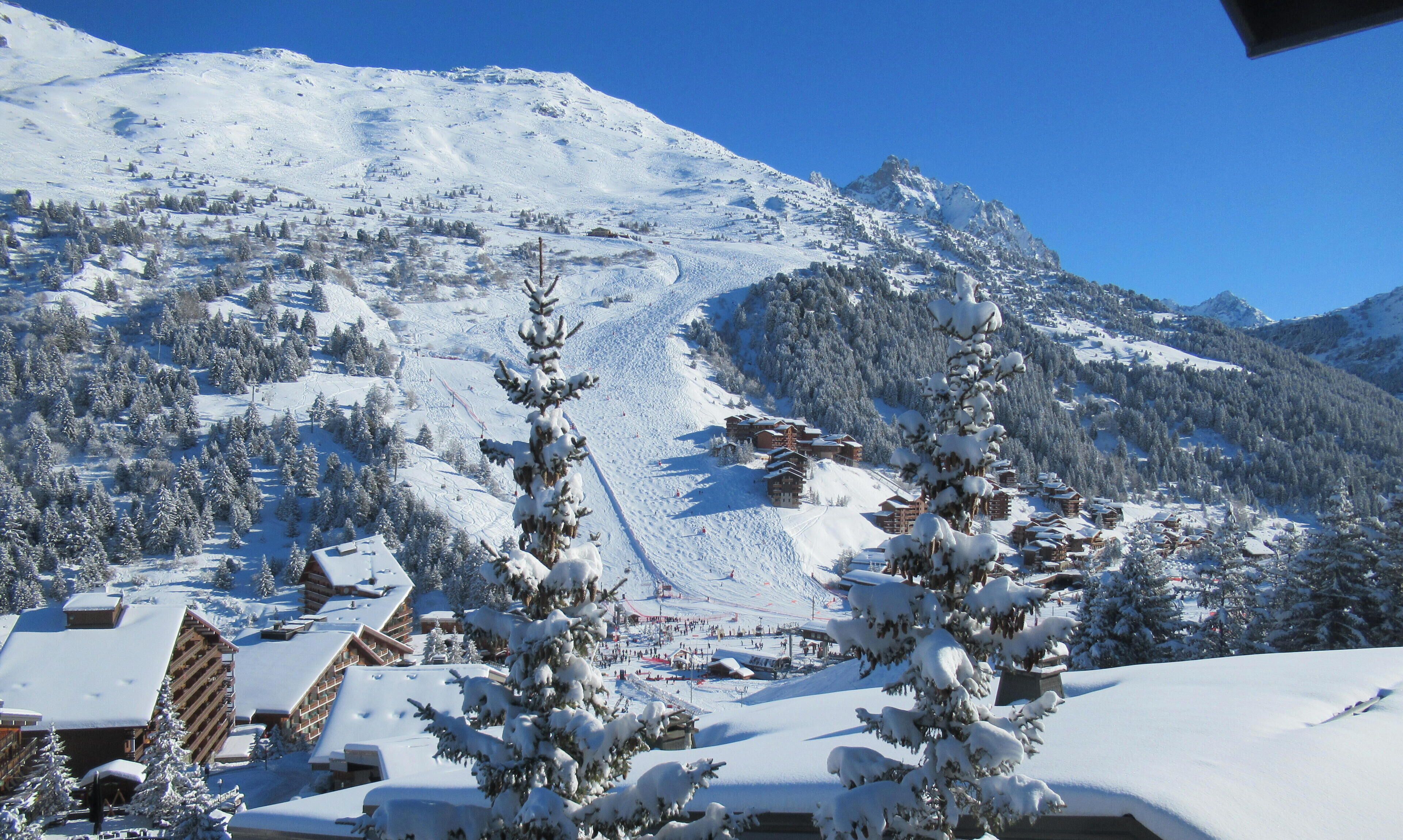 Ein schneegebdeckter Berg mit einer Skipiste, Holzhütten und immergrünen Bäumen.
