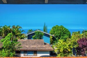 A residential area with a house, a wooden fence, and a view of the ocean.