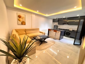A modern living room with a sofa, coffee table, and a potted plant.