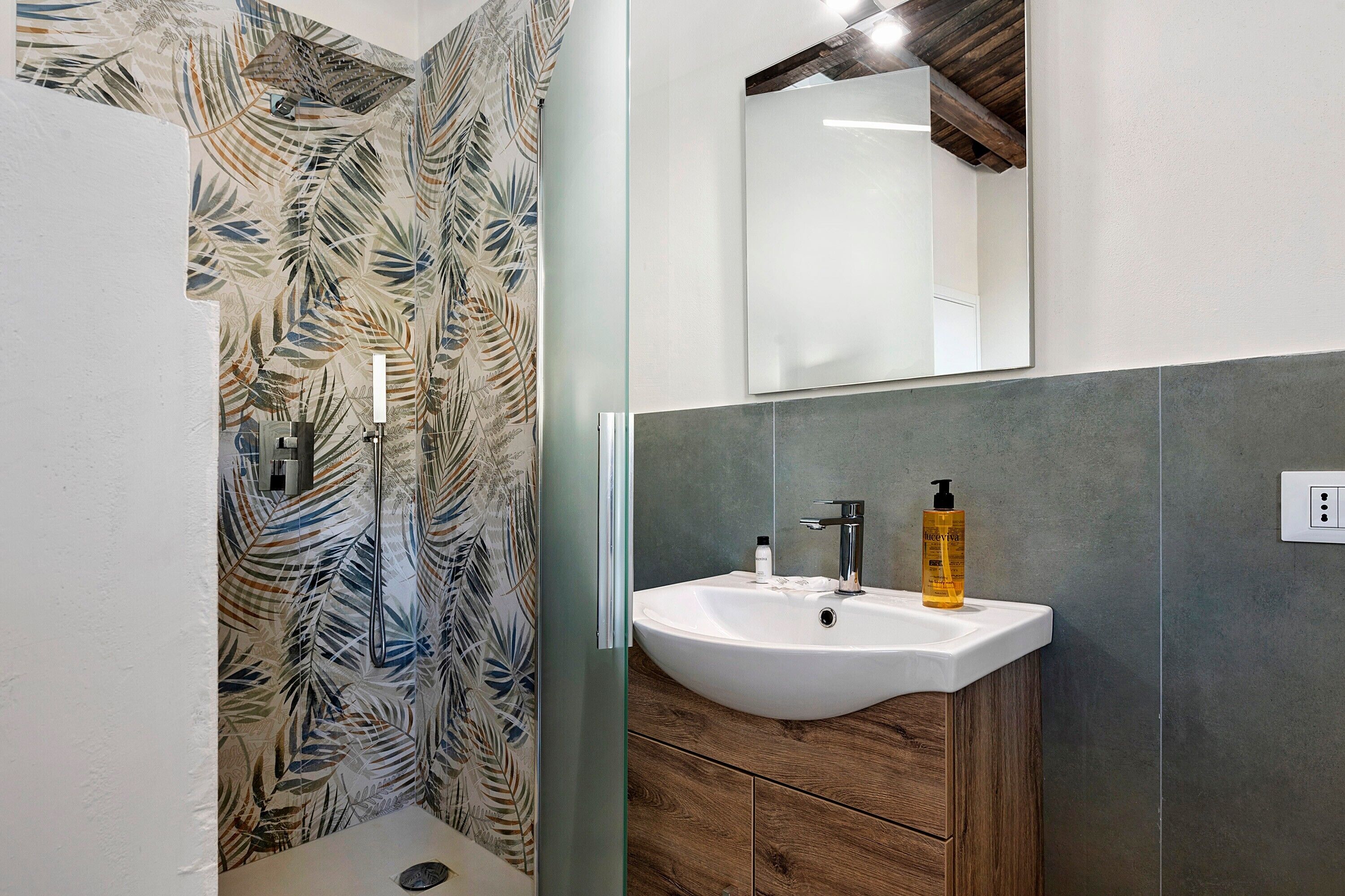 Une salle de bain avec une douche, un lavabo et un miroir.