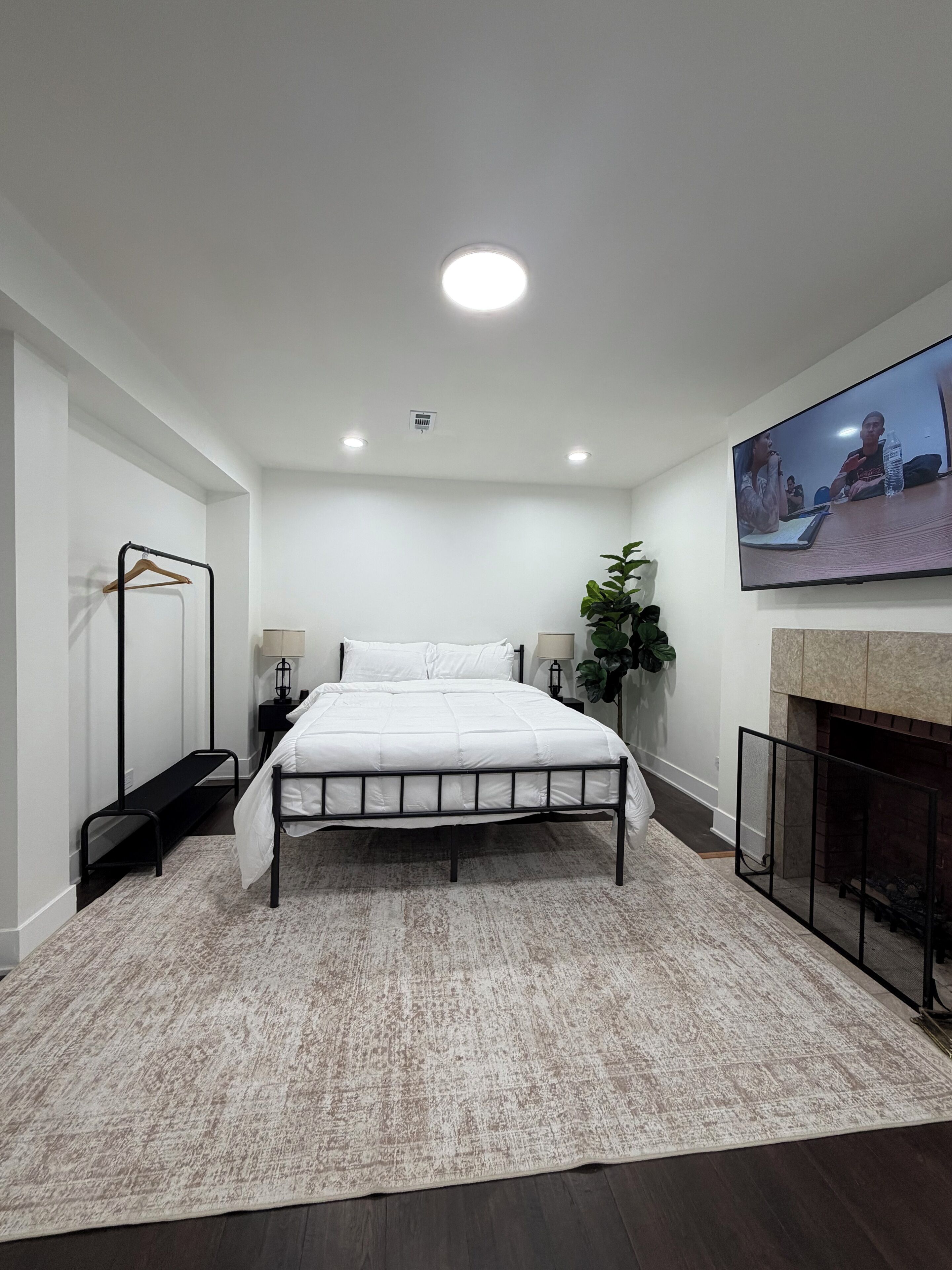 A modern bedroom with a bed, bedside tables, a hanging plant, and a fireplace.