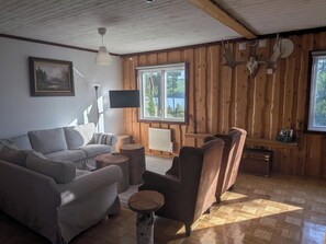A cozy living room with a sofa, armchairs, a coffee table, and a fireplace. - Spacious homes with river views (Ytterhogdal)