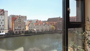 A view of a river with buildings on the opposite bank, a clear sky, and a window with a plant in the foreground.
