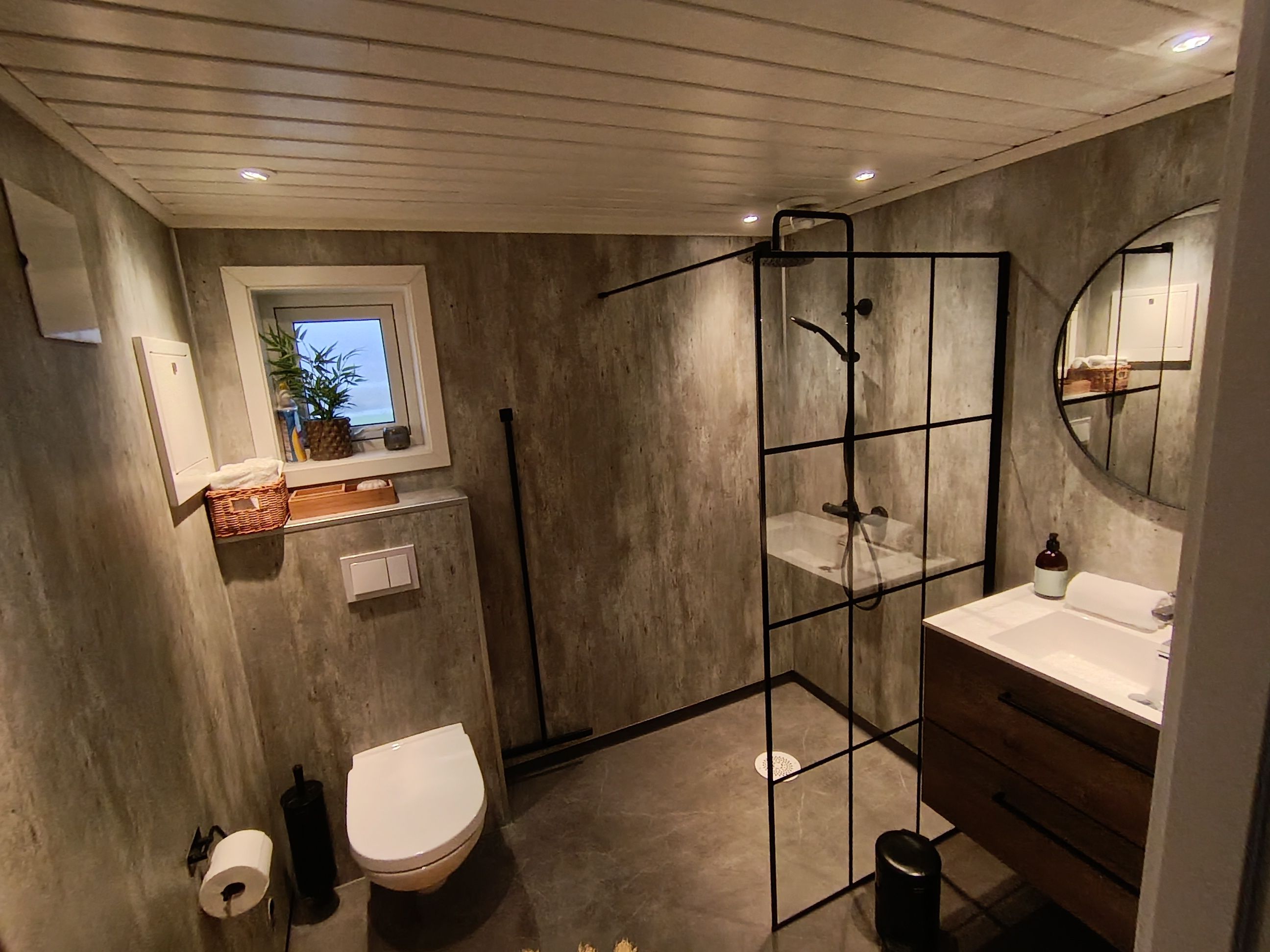 Een badkamer met toilet, douchecabine, wastafel en een raam met een plant.