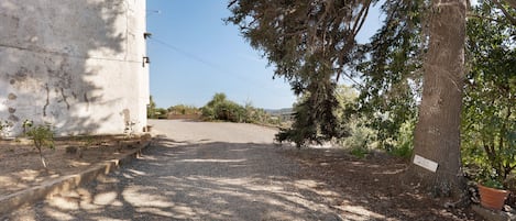 A gravel path leading to a white building with a sign reading 'ACCESO' and a tree with a sign 'ACCESO' on its trunk.
