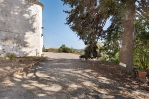 Un sendero de grava que lleva a un edificio blanco con un cartel que dice 'ACCESO' y un árbol con un cartel que dice 'ACCESO' en su tronco.