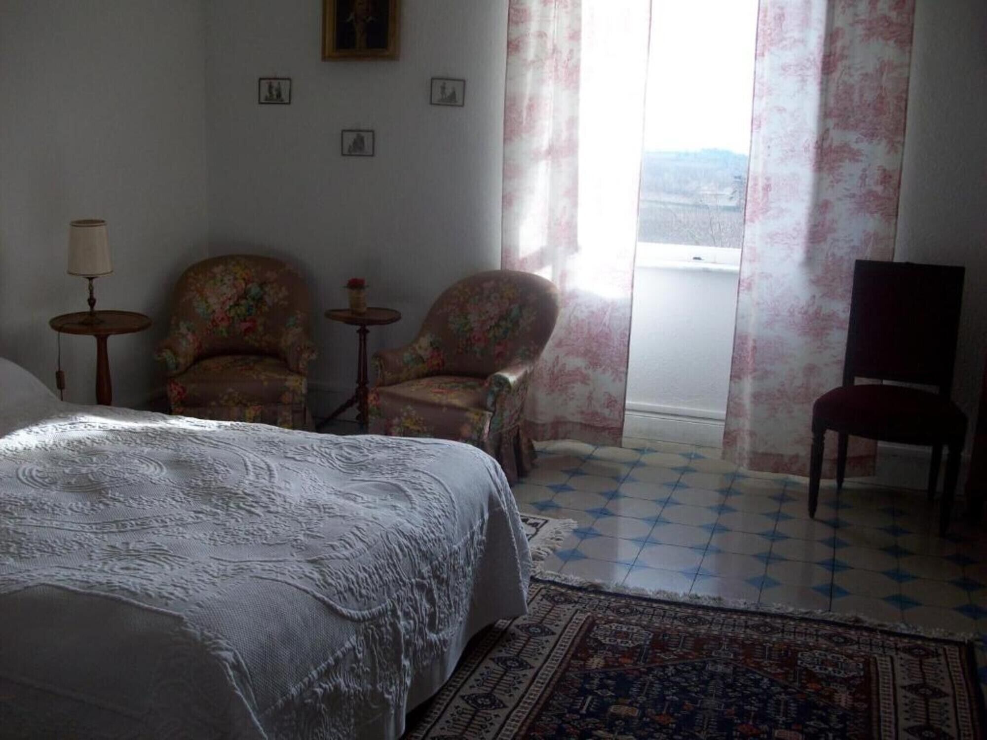 Een hotelkamer met een bed, twee fauteuils, een tafeltje, een televisie en uitzicht op het landschap.