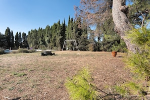 A grassy outdoor area with a swing set, a tree, and a potted plant.