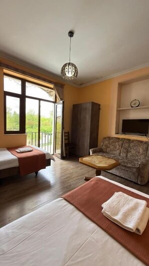 A room with a bed, a sofa, a TV, and a window with a view. - Hotel Giorgi (Tskaltubo)