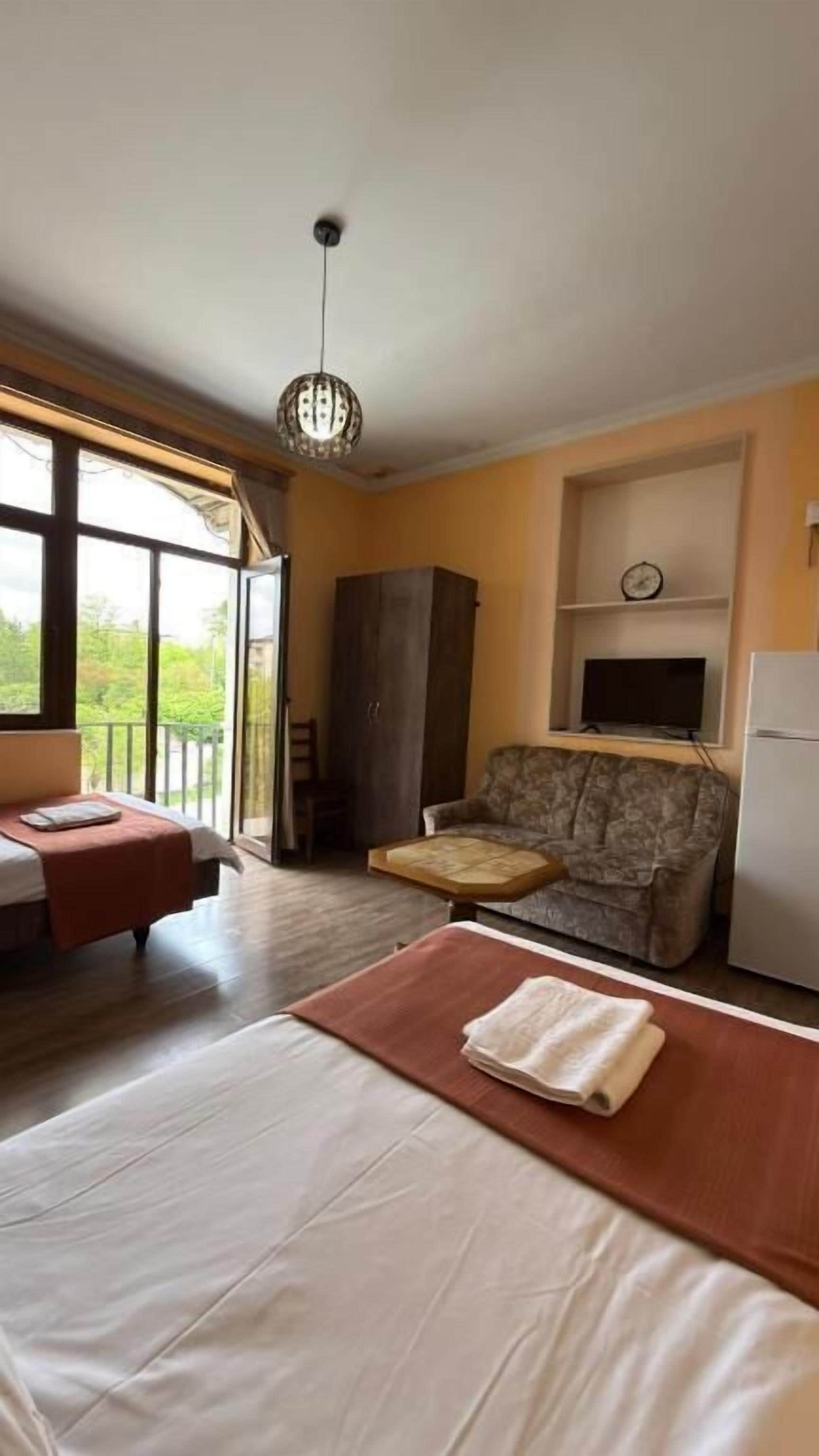Una habitación con cama, sofá, televisor y armario.
