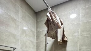 A shower area with a grab bar, a towel rack, and a toilet.
