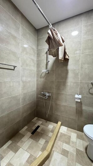 A shower area with a grab bar, a towel rack, and a toilet. - Hotel Giorgi (Tskaltubo)