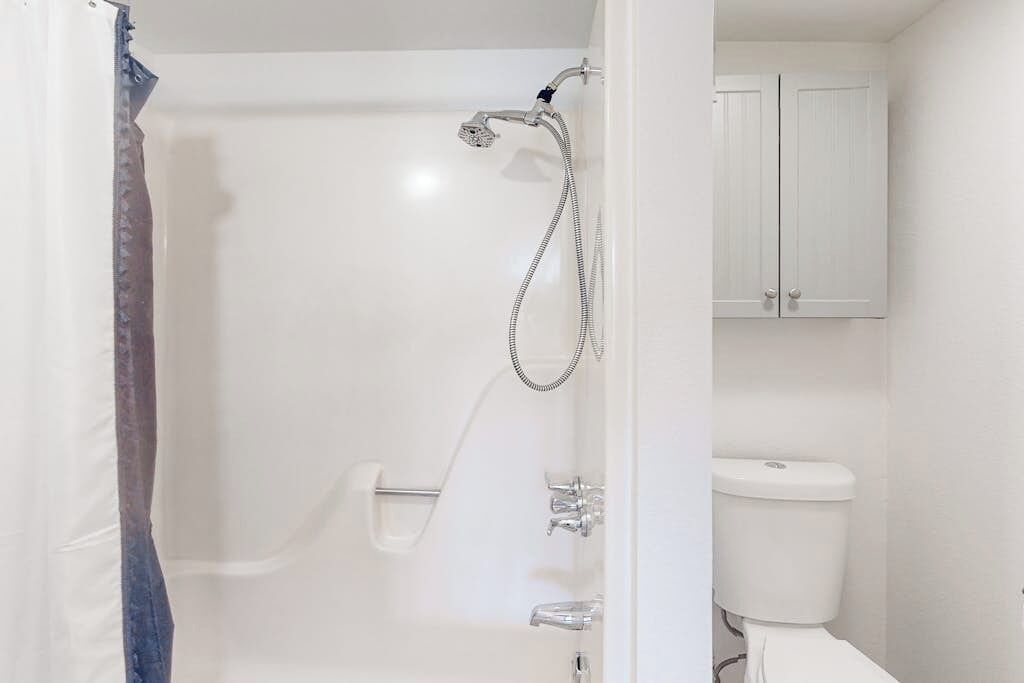 A bathroom with a shower, toilet, and a cabinet.