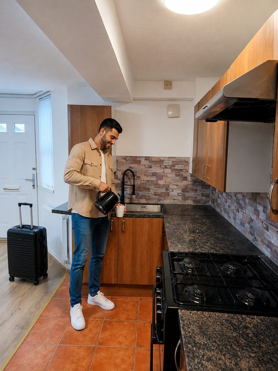 A modern kitchen with a gas stove, wooden cabinets, and a tiled backsplash.