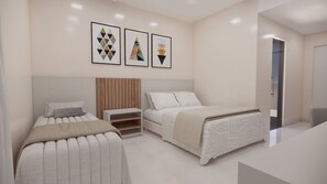 A modern bedroom with two beds, a wardrobe, and artwork on the wall. - HOTEL SPAZZIO DiRoma  (Caldas Novas)