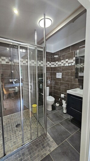 Een moderne badkamer met een douche met glazen wand, toilet en wastafel.