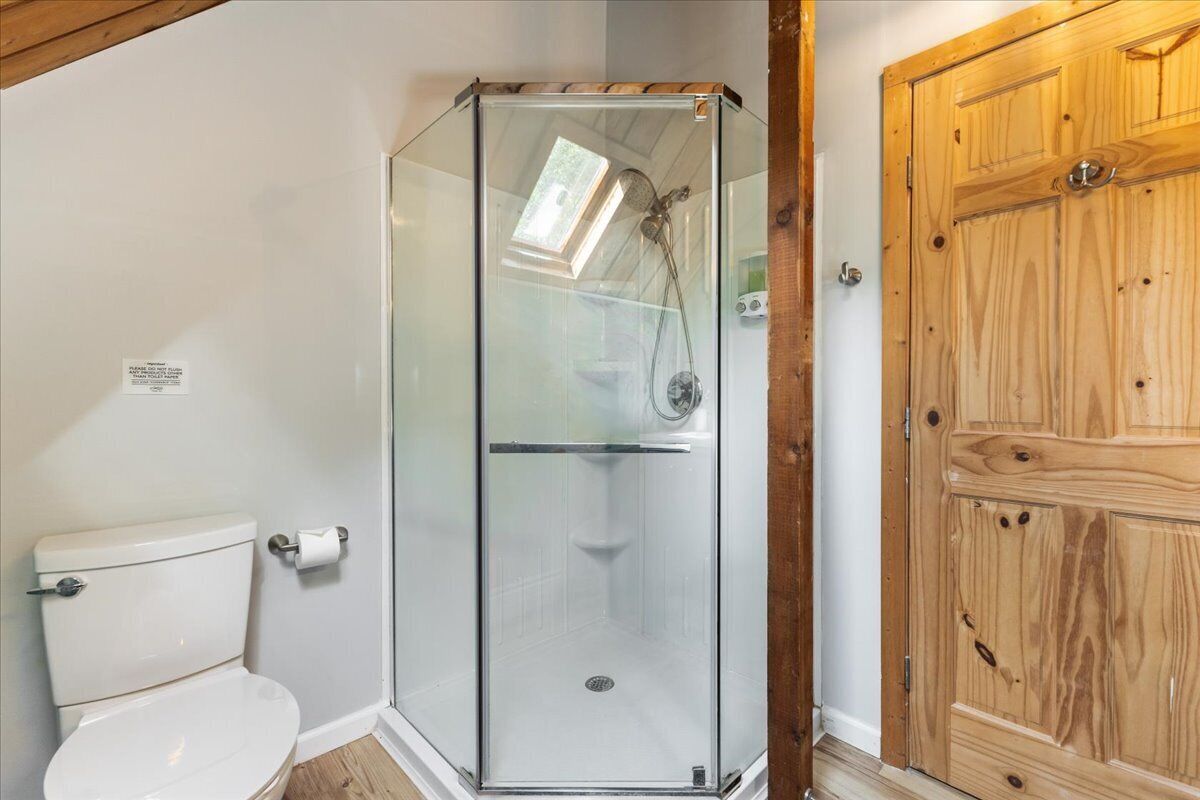 Une salle de bain avec une douche à parois de verre, des toilettes et une porte en bois.