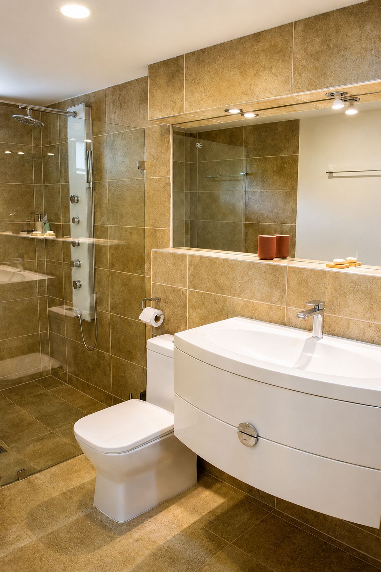 Un baño moderno con cabina de ducha, inodoro y tocador con un espejo grande.