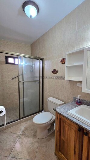 A bathroom with a glass shower enclosure, a toilet, a sink with a countertop, and a mirror above the sink. - Spacious Downtown Boquete 2BR/2BA Condo with Private Balcony (Bajo Boquete)