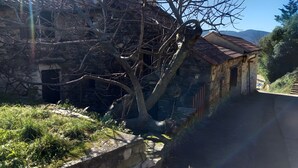 Un bâtiment en pierre avec un toit en pente, un arbre devant et un ciel dégagé.