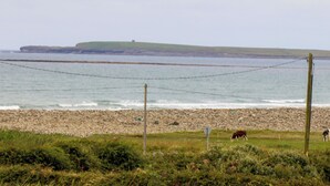 A coastal landscape with a rocky beach, a grassy area, and a view of the sea. - Ceol Na Mara (Creegh)