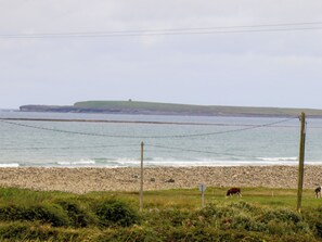 Un paysage côtier avec une plage rocheuse, une zone herbeuse et une vue sur la mer.