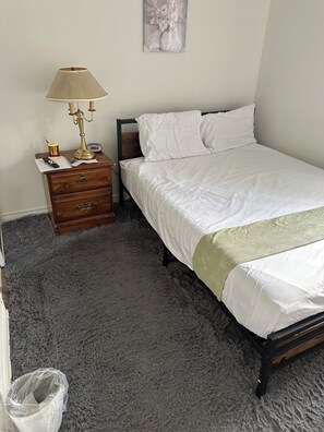 Une chambre à coucher avec un lit, une table de chevet avec une lampe, une petite commode en bois et un tapis gris à poils longs.
