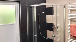 Un baño moderno con cabina de ducha de vidrio, toallero blanco y puerta con cristal esmerilado.