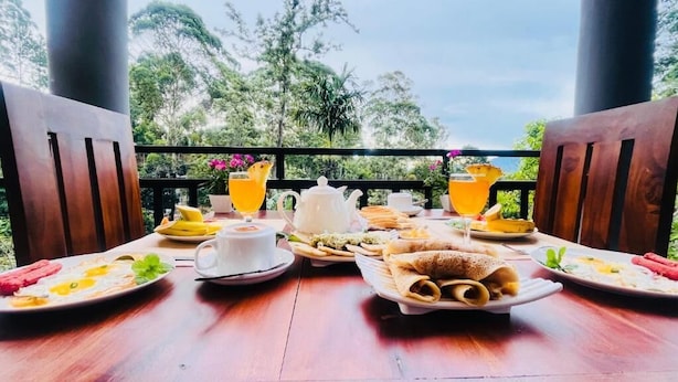 A breakfast table set outdoors with plates of food, cups, and a teapot. - Leafveil Ella (Ella)