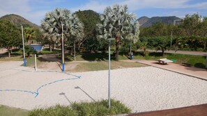 Uma área de praia arenosa com palmeiras e uma montanha ao fundo.