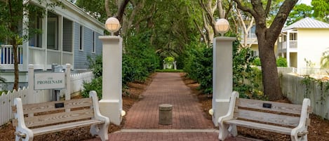 Un camino conduce a un edificio con la leyenda "The Promenade", flanqueado por bancos blancos y árboles.