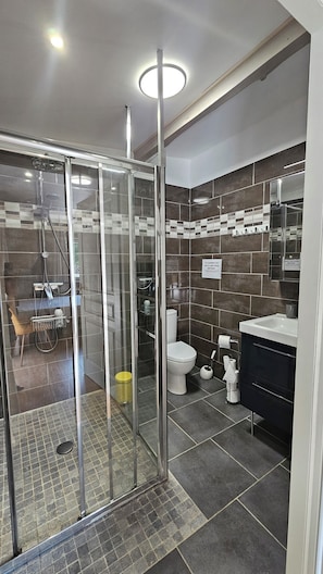 Een moderne badkamer met een douche met glazen wand, toilet en wastafel.