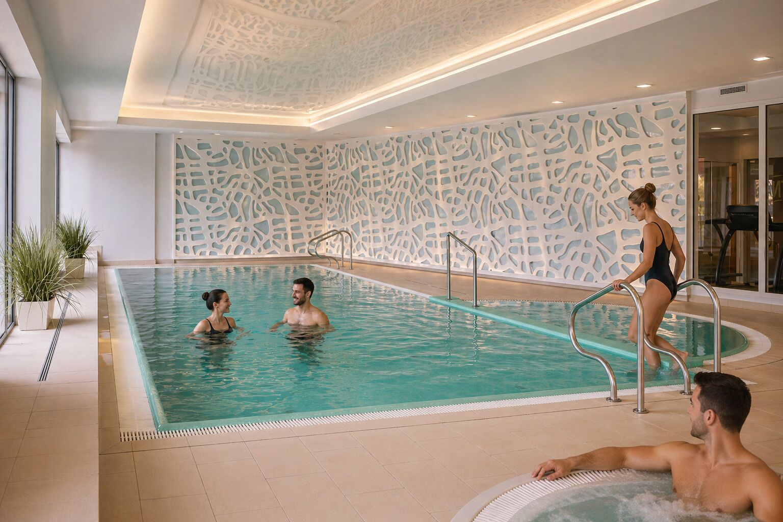 Une piscine intérieure à l’eau claire, dotée d’un sol carrelé et d’un mur décoratif orné d’un motif original.
