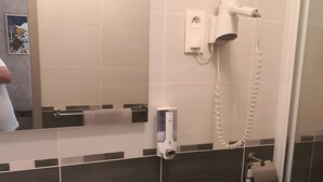 Baño con lavamanos, inodoro y espejo.