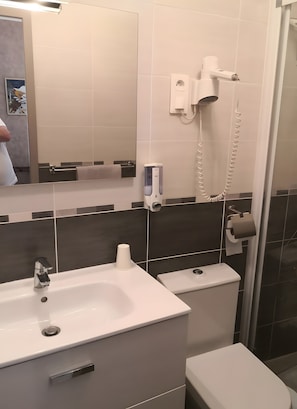 A bathroom with a sink, toilet, and a mirror.