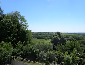 A view of a lush green landscape with trees and a clear blue sky.