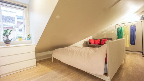 A bedroom with a sloped ceiling, a bed, a dresser, a window with plants, and a radiator. - Spacious, High-End Loft Apartment in the City Center (Unknown)