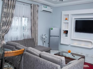 Un salon avec un canapé gris, une petite table sur laquelle est posé un vase, un téléviseur à écran plat fixé au mur et un appareil de climatisation blanc.