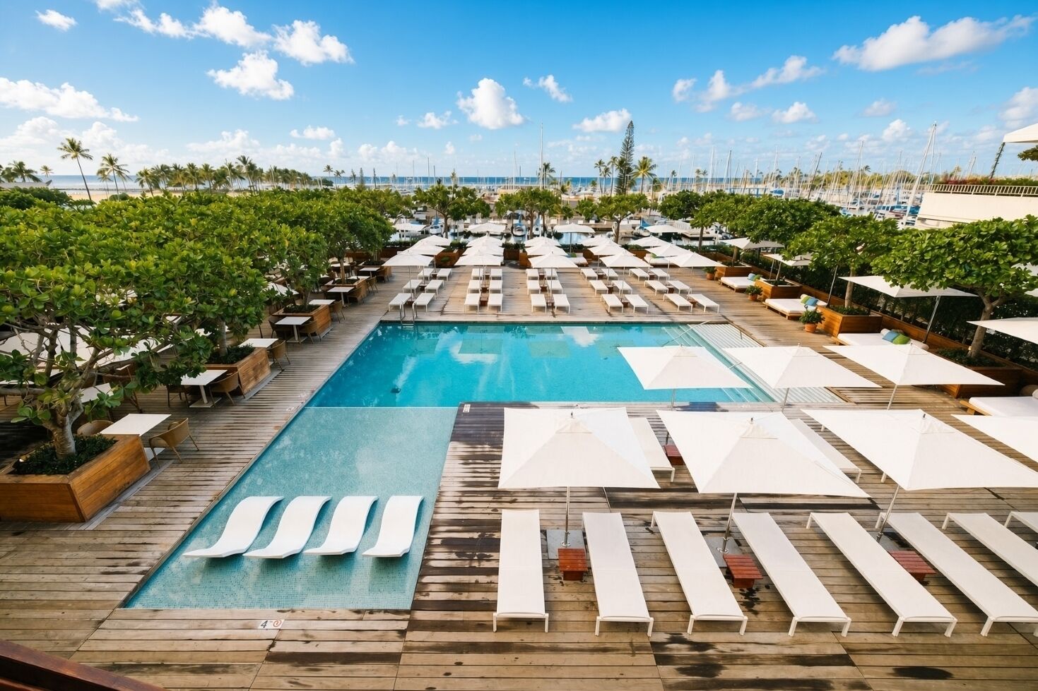 Zona de piscina con múltiples sillones de descanso y sombrillas, rodeada de vegetación y con vistas a una playa.