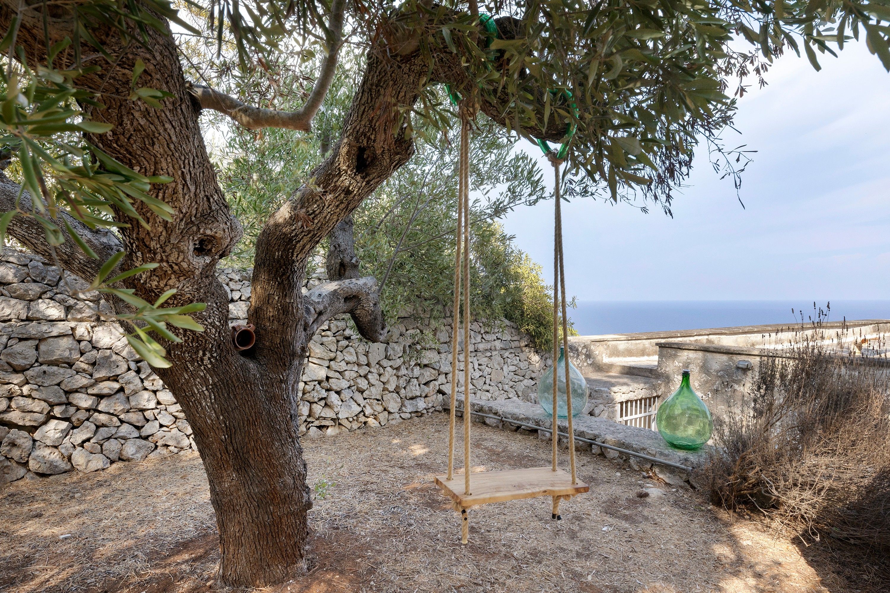 A tree with a swing hanging from its branches, a stone wall, and a view of the sea.