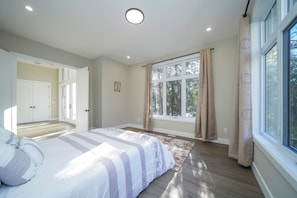 Une chambre à coucher avec un lit, une fenêtre avec des rideaux, une porte et un luminaire au plafond.
